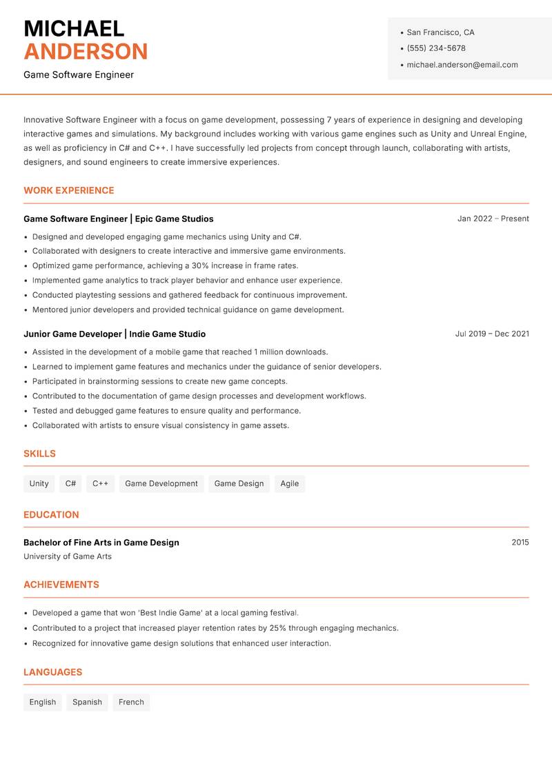 Software Engineer resume sample — Game Software Engineer focus