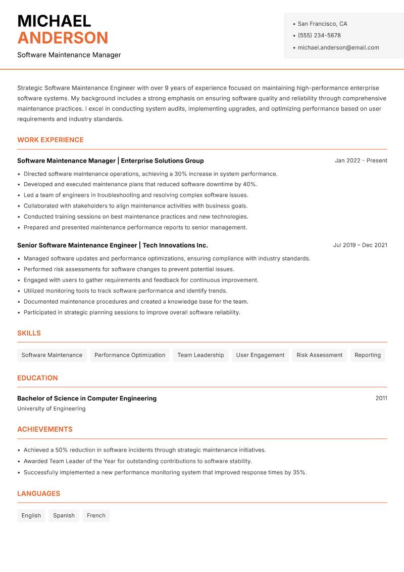 Software Maintenance Engineer resume sample — Software Maintenance Manager focus