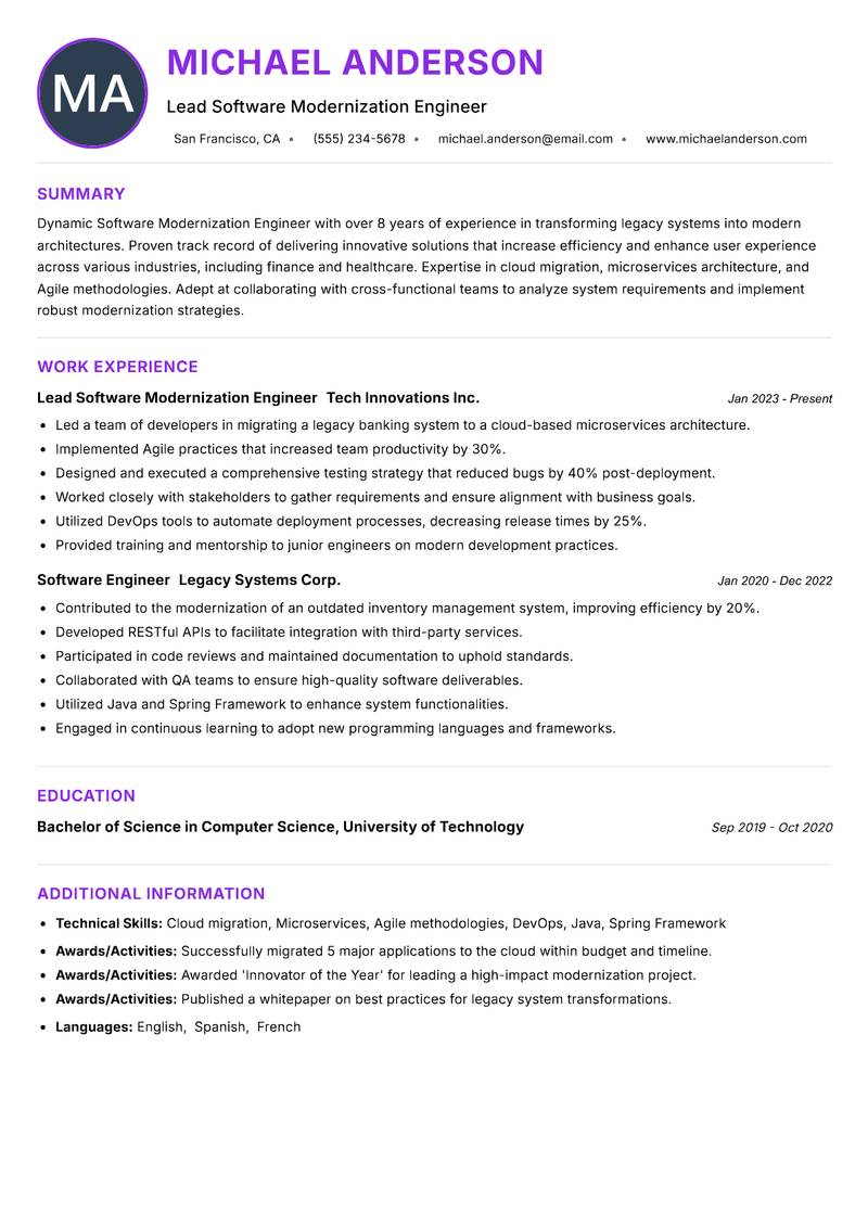 Software Modernization Engineer resume example