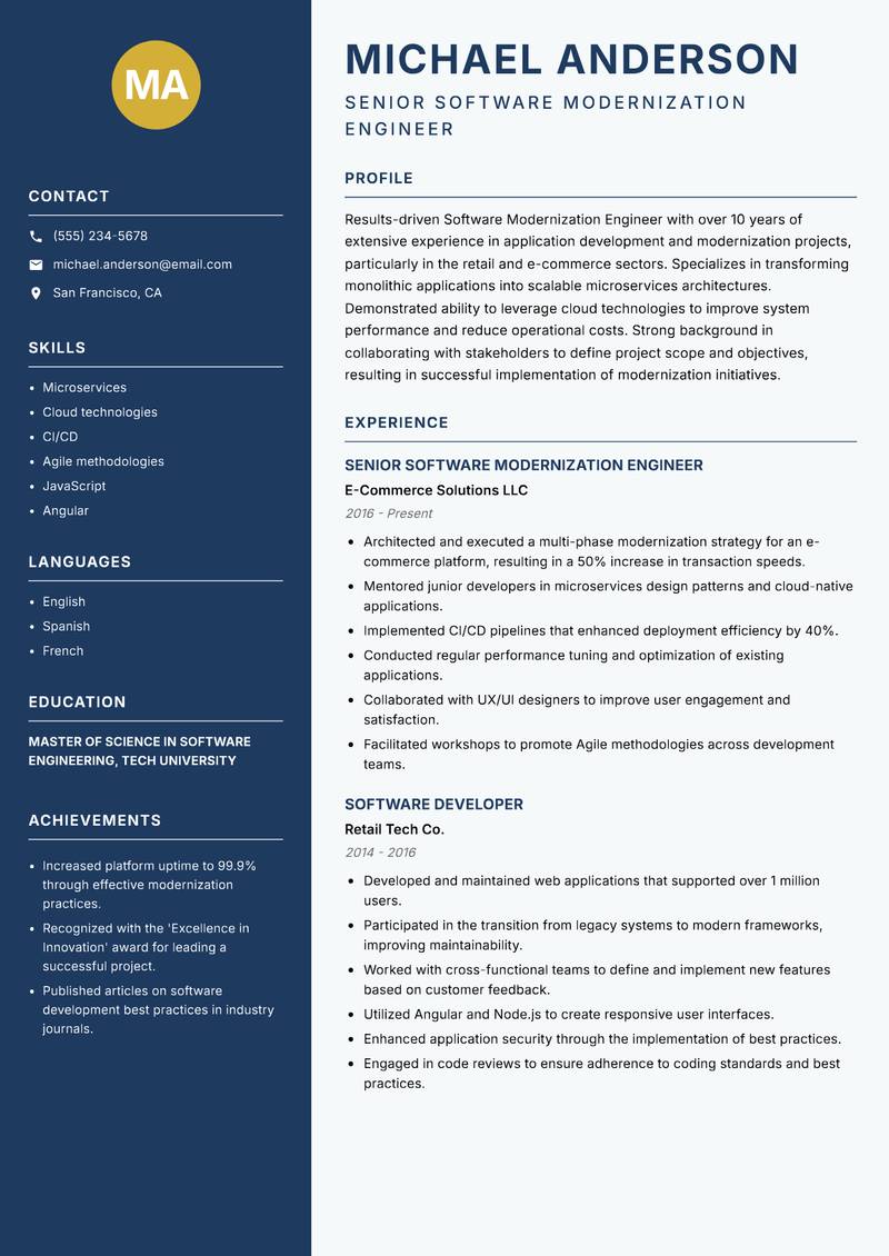 Software Modernization Engineer resume sample — Senior Software Modernization Engineer focus