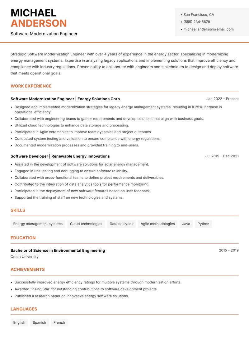 Software Modernization Engineer resume sample — Software Modernization Engineer focus