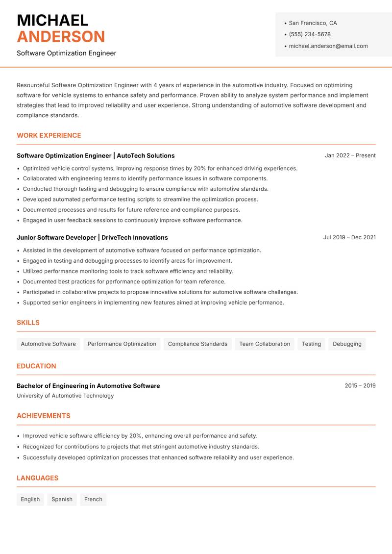 Software Optimization Engineer resume sample — Software Optimization Engineer focus