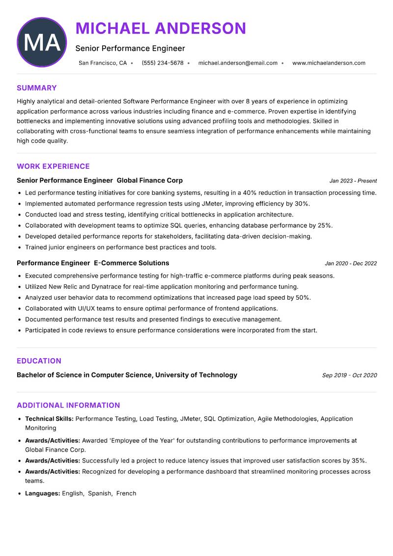 Software Performance Engineer resume example