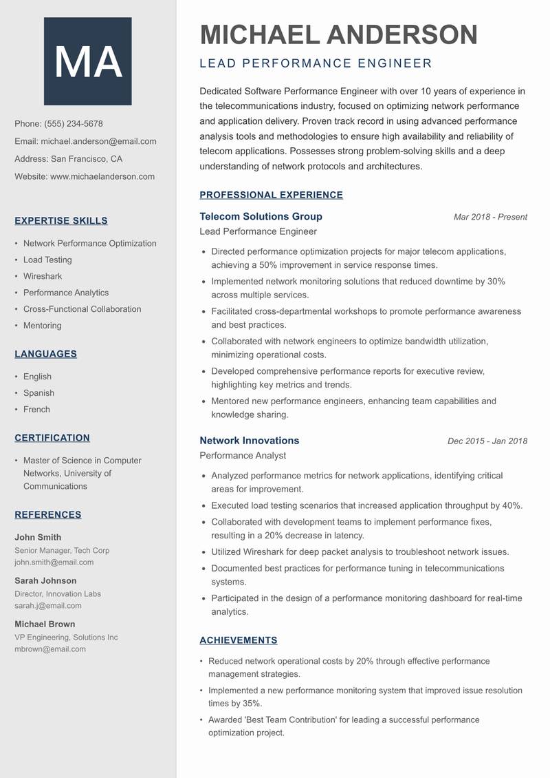 Software Performance Engineer resume sample — Lead Performance Engineer focus