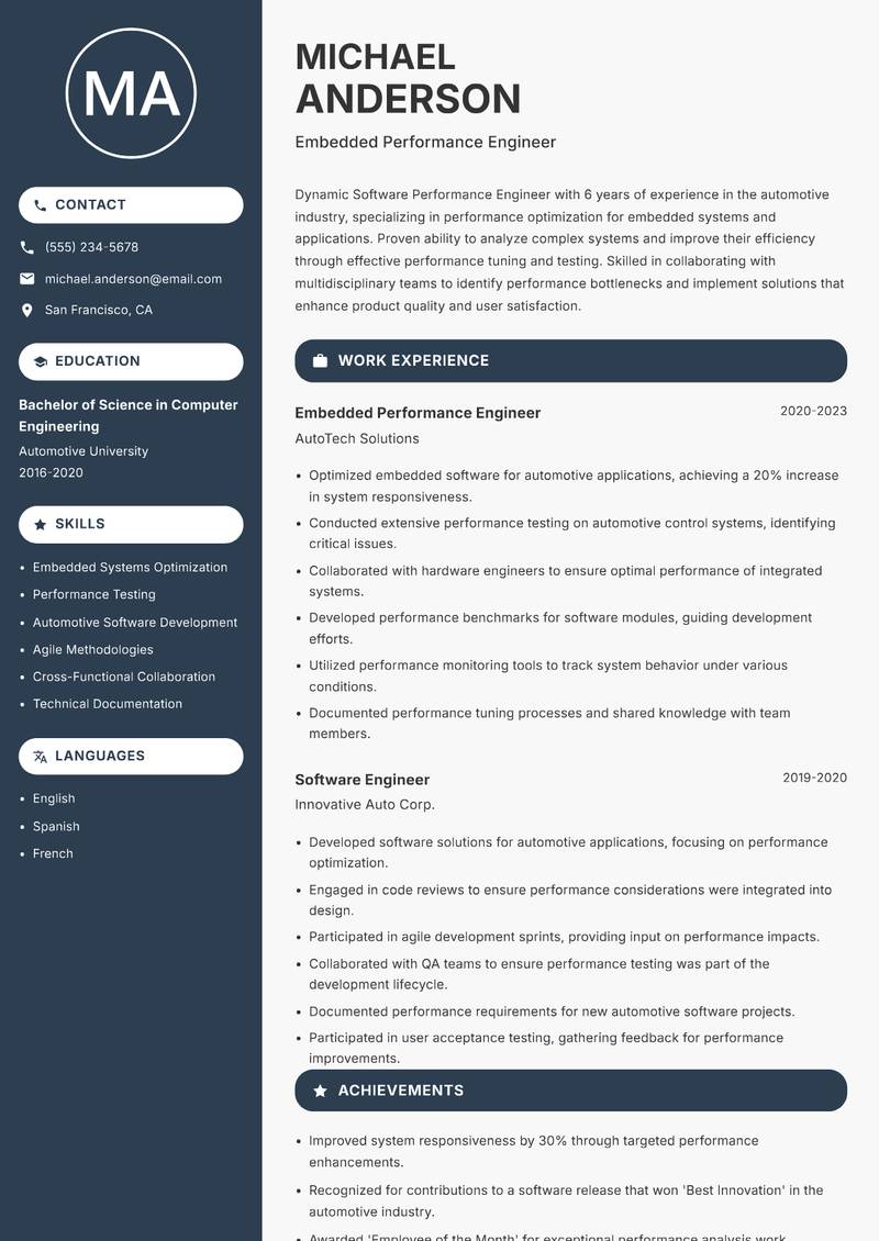 Software Performance Engineer resume sample — Embedded Performance Engineer focus