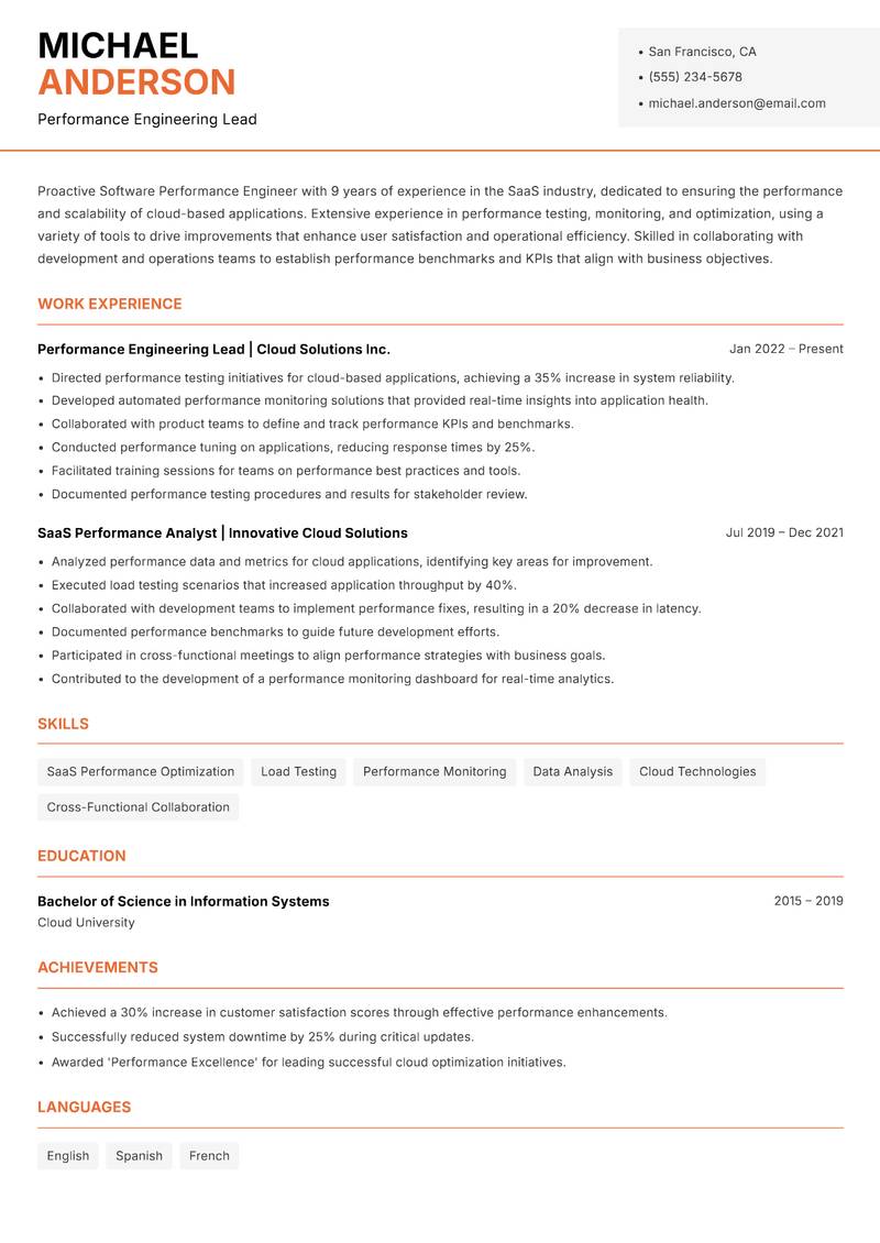 Software Performance Engineer resume sample — Performance Engineering Lead focus