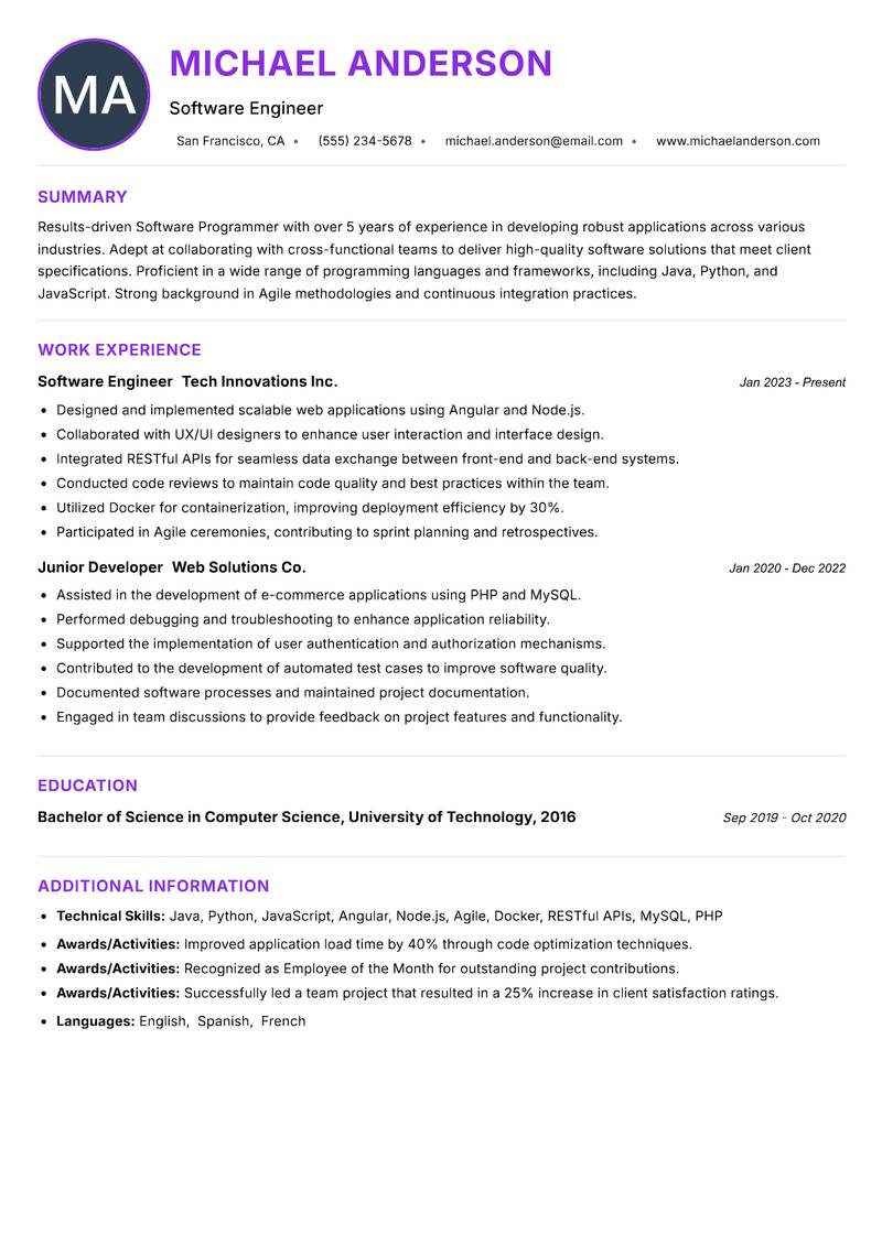 Software Programmer resume example