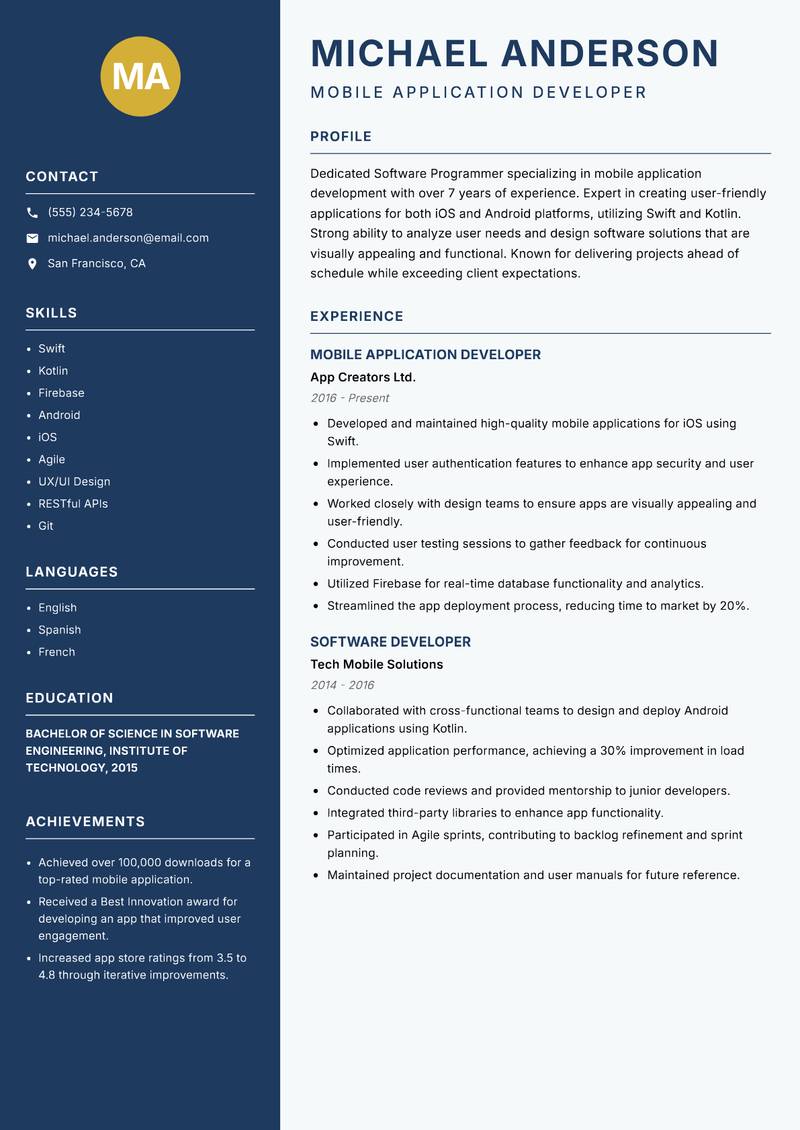 Software Programmer resume sample — Mobile Application Developer focus