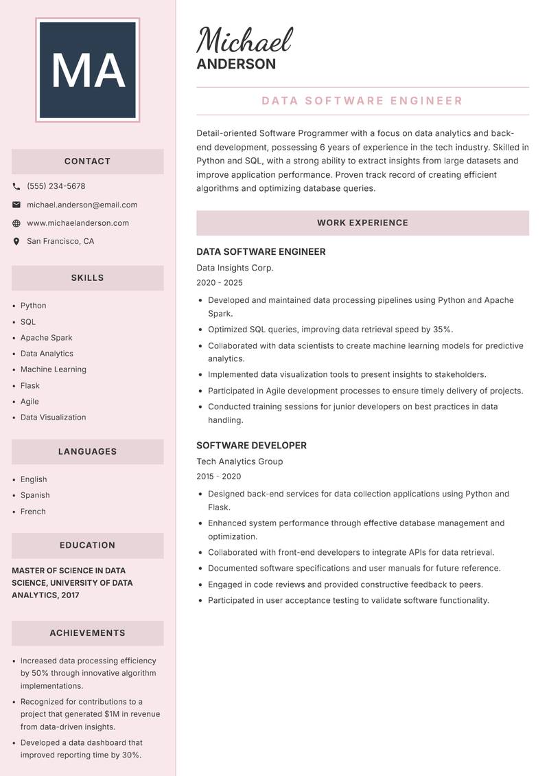Software Programmer resume sample — Data Software Engineer focus