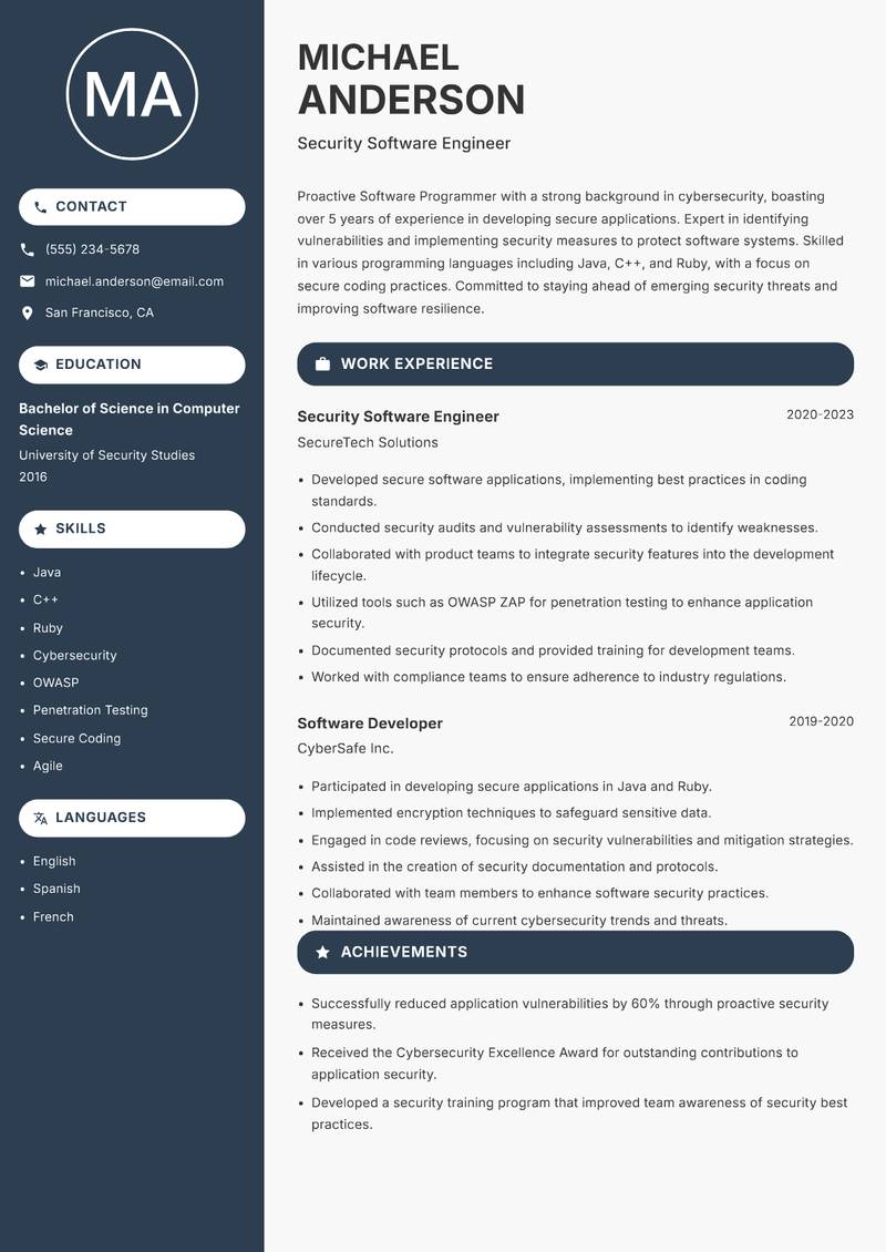 Software Programmer resume sample — Security Software Engineer focus