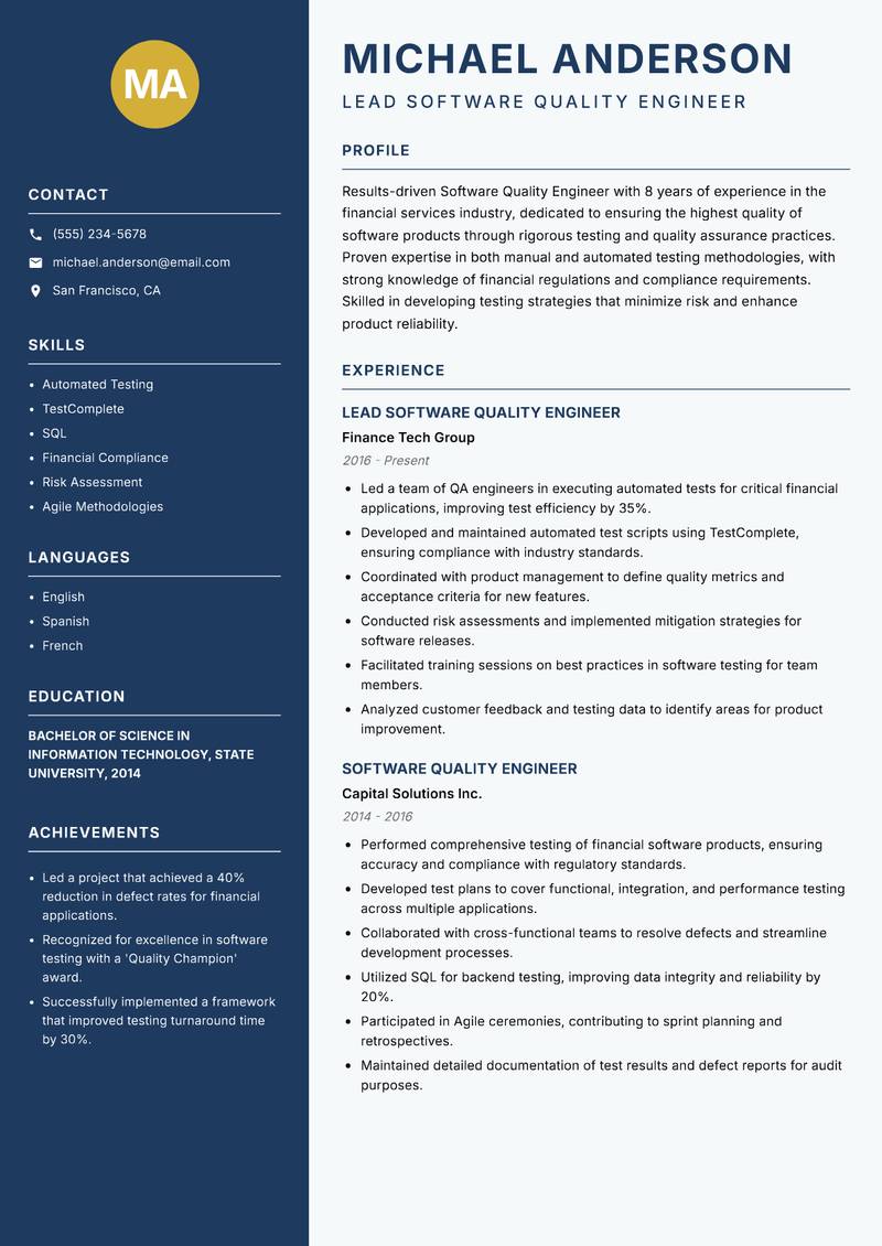 Software Quality Engineer resume sample — Lead Software Quality Engineer focus
