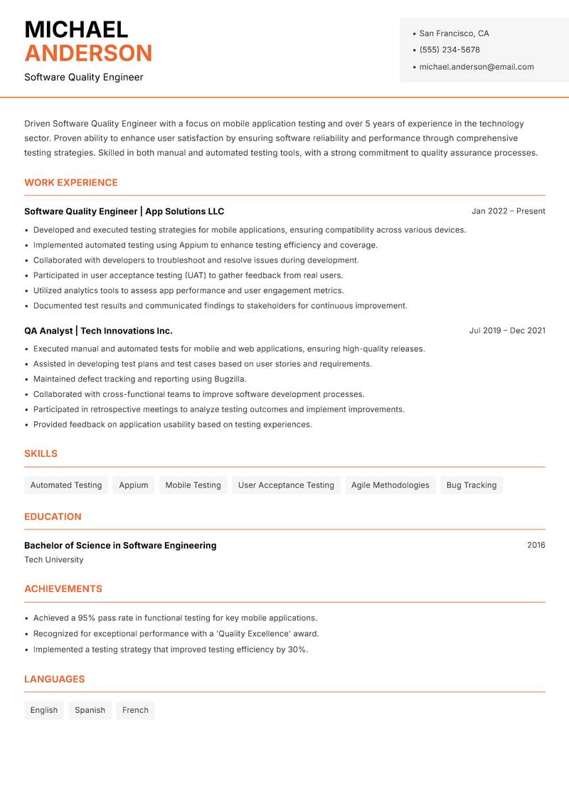 Software Quality Engineer resume sample — Software Quality Engineer focus