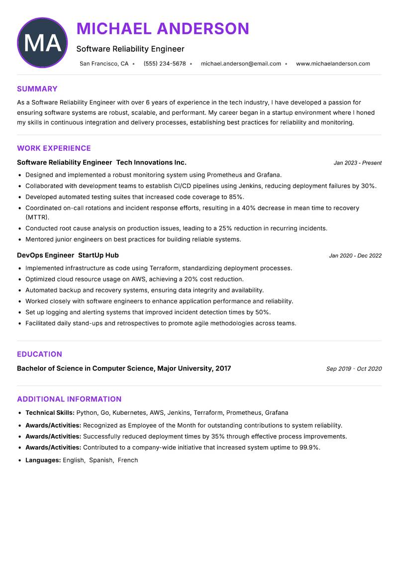 Software Reliability Engineer resume example