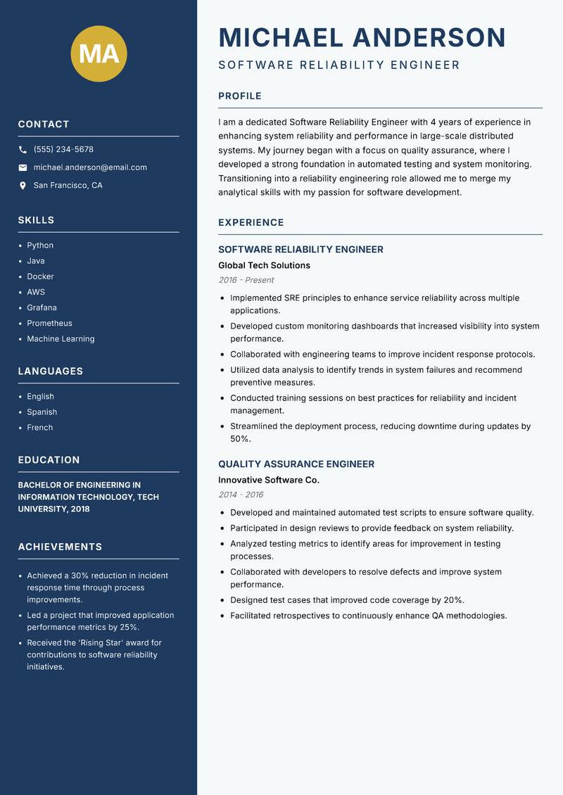 Software Reliability Engineer resume sample — Software Reliability Engineer focus