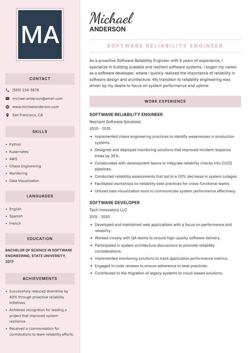 Software Reliability Engineer resume sample — Software Reliability Engineer focus