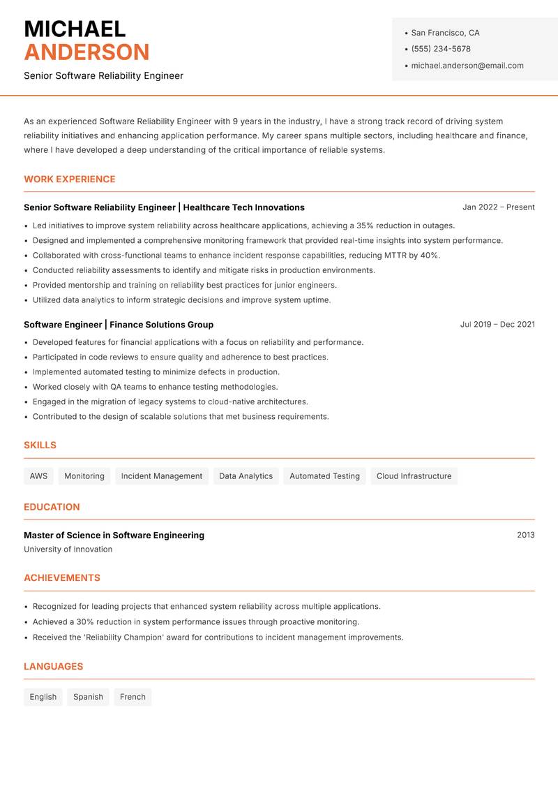 Software Reliability Engineer resume sample — Senior Software Reliability Engineer focus