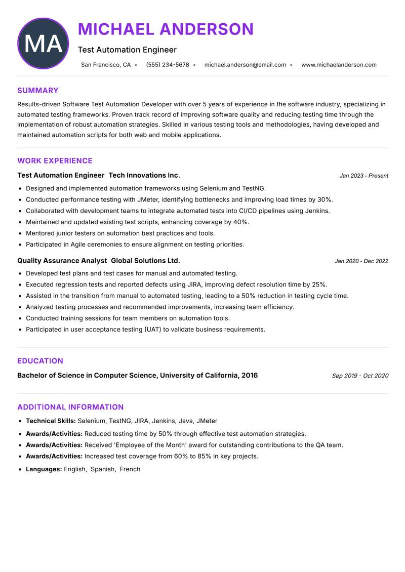 Software Test Automation Developer resume example