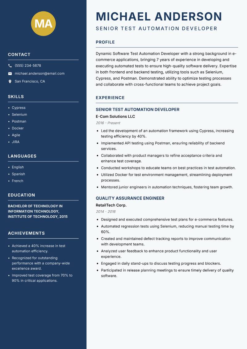 Software Test Automation Developer resume sample — Senior Test Automation Developer focus