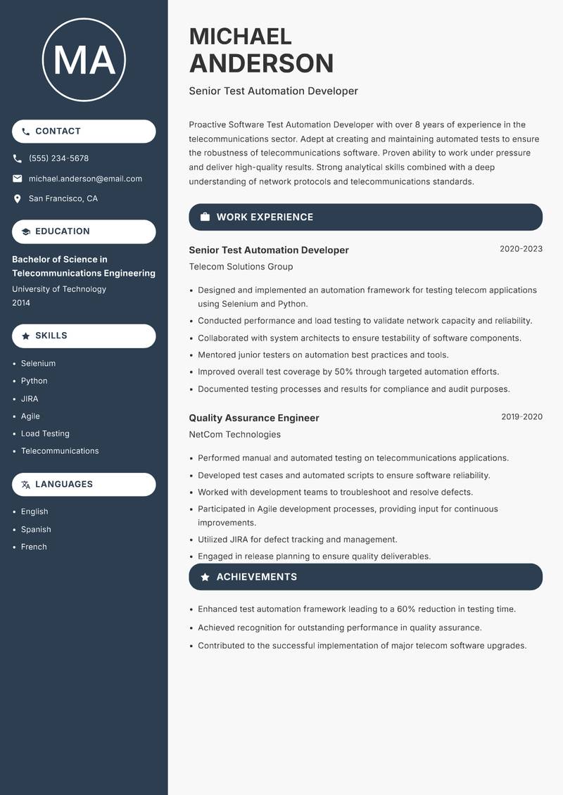 Software Test Automation Developer resume sample — Senior Test Automation Developer focus
