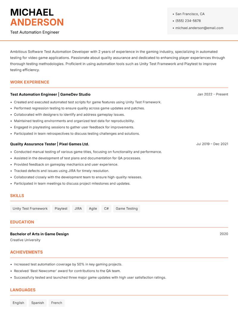 Software Test Automation Developer resume sample — Test Automation Engineer focus