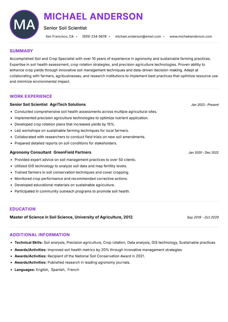 Soil and Crop Specialist resume example