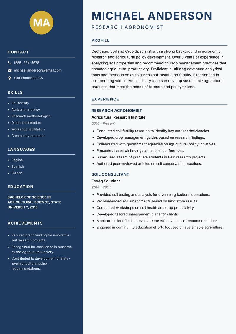 Soil and Crop Specialist resume sample — Research Agronomist focus