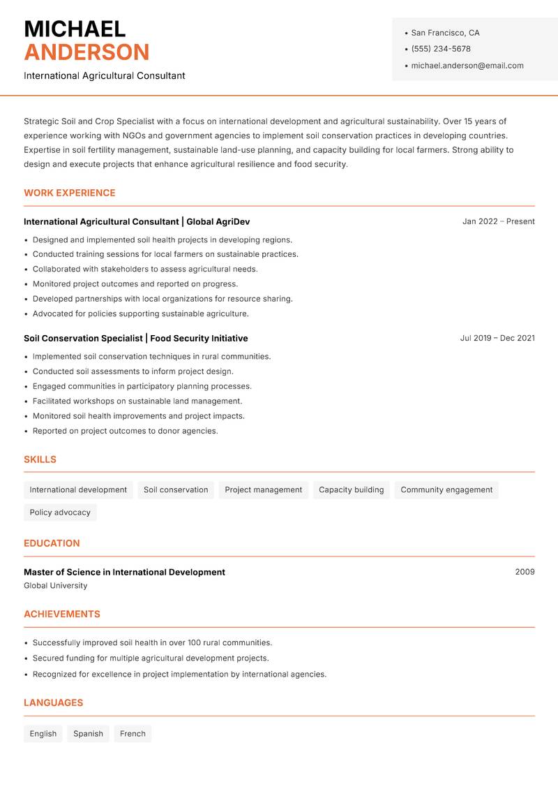 Soil and Crop Specialist resume sample — International Agricultural Consultant focus