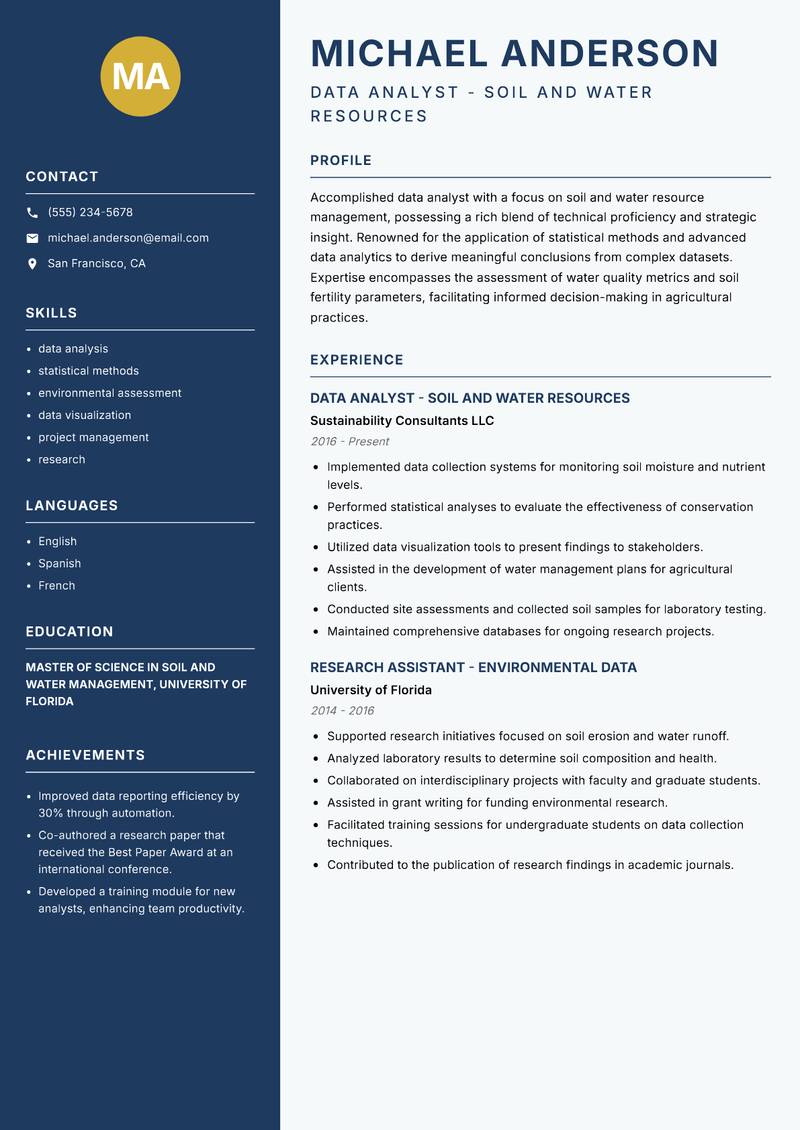 Soil and Water Data Analyst resume sample — Data Analyst - Soil and Water Resources focus