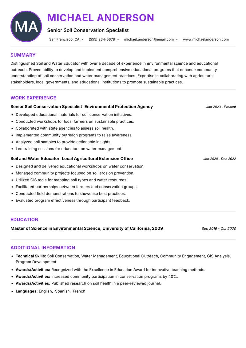 Soil and Water Educator resume example