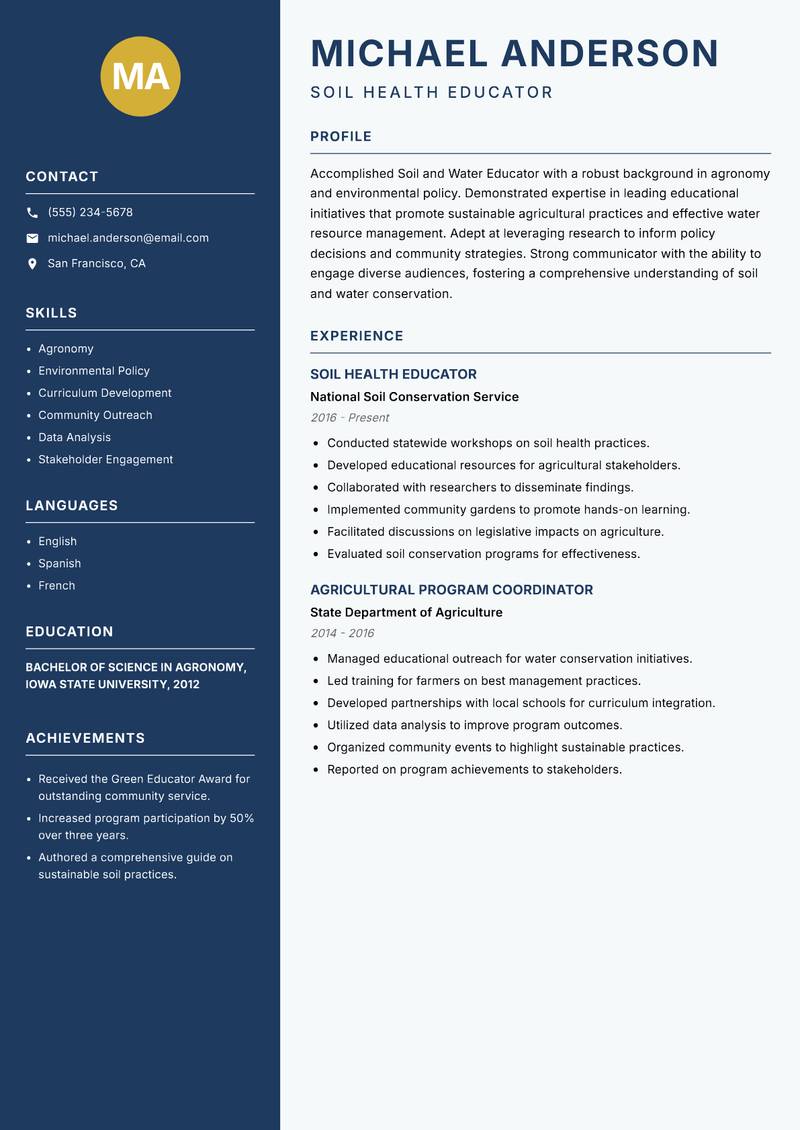 Soil and Water Educator resume sample — Soil Health Educator focus