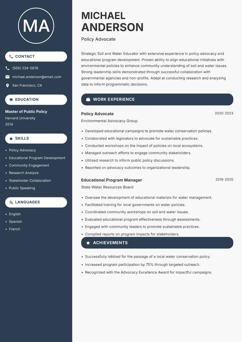 Soil and Water Educator resume sample — Policy Advocate focus