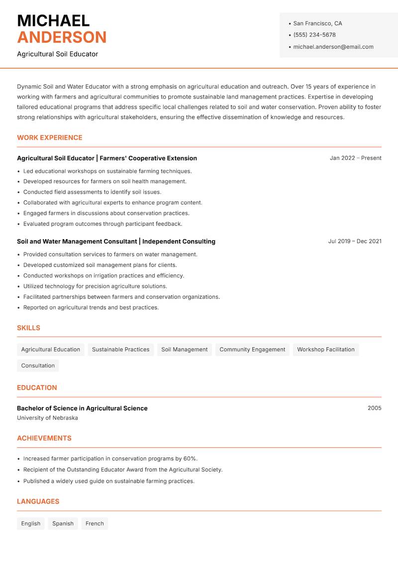 Soil and Water Educator resume sample — Agricultural Soil Educator focus