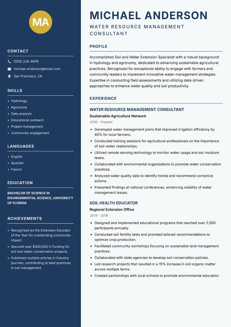 Soil and Water Extension Specialist resume sample — Water Resource Management Consultant focus