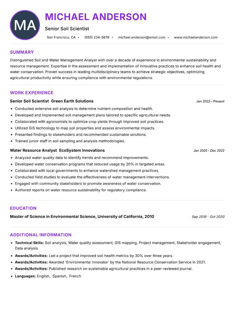 Soil and Water Management Analyst resume example