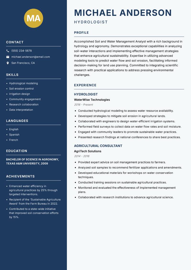Soil and Water Management Analyst resume sample — Hydrologist focus