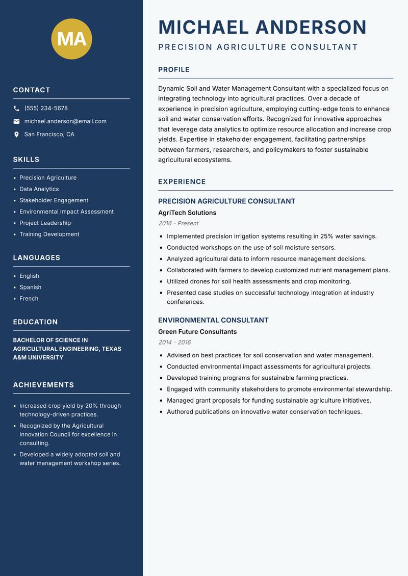 Soil and Water Management Consultant resume sample — Precision Agriculture Consultant focus