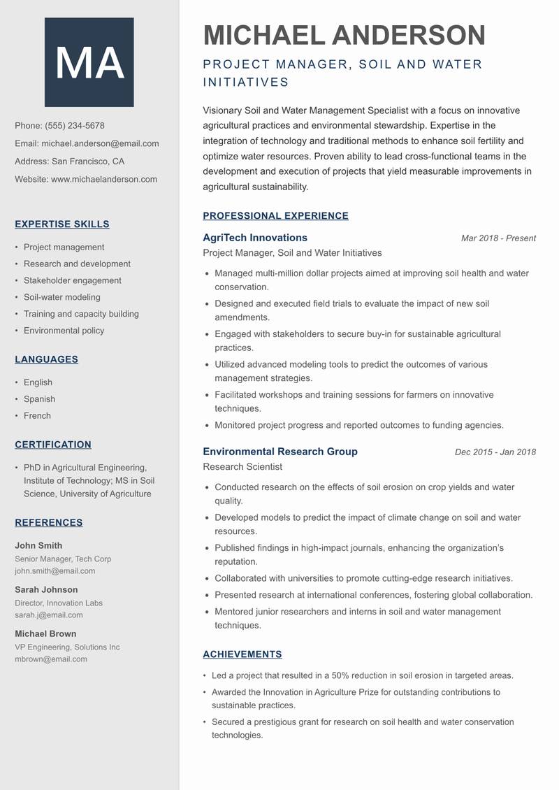 Soil and Water Management Specialist resume sample — Project Manager, Soil and Water Initiatives focus