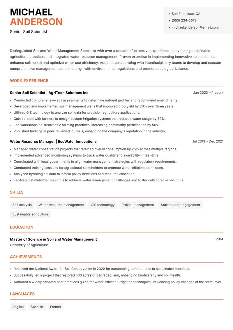Soil and Water Management Specialist resume sample — Senior Soil Scientist focus