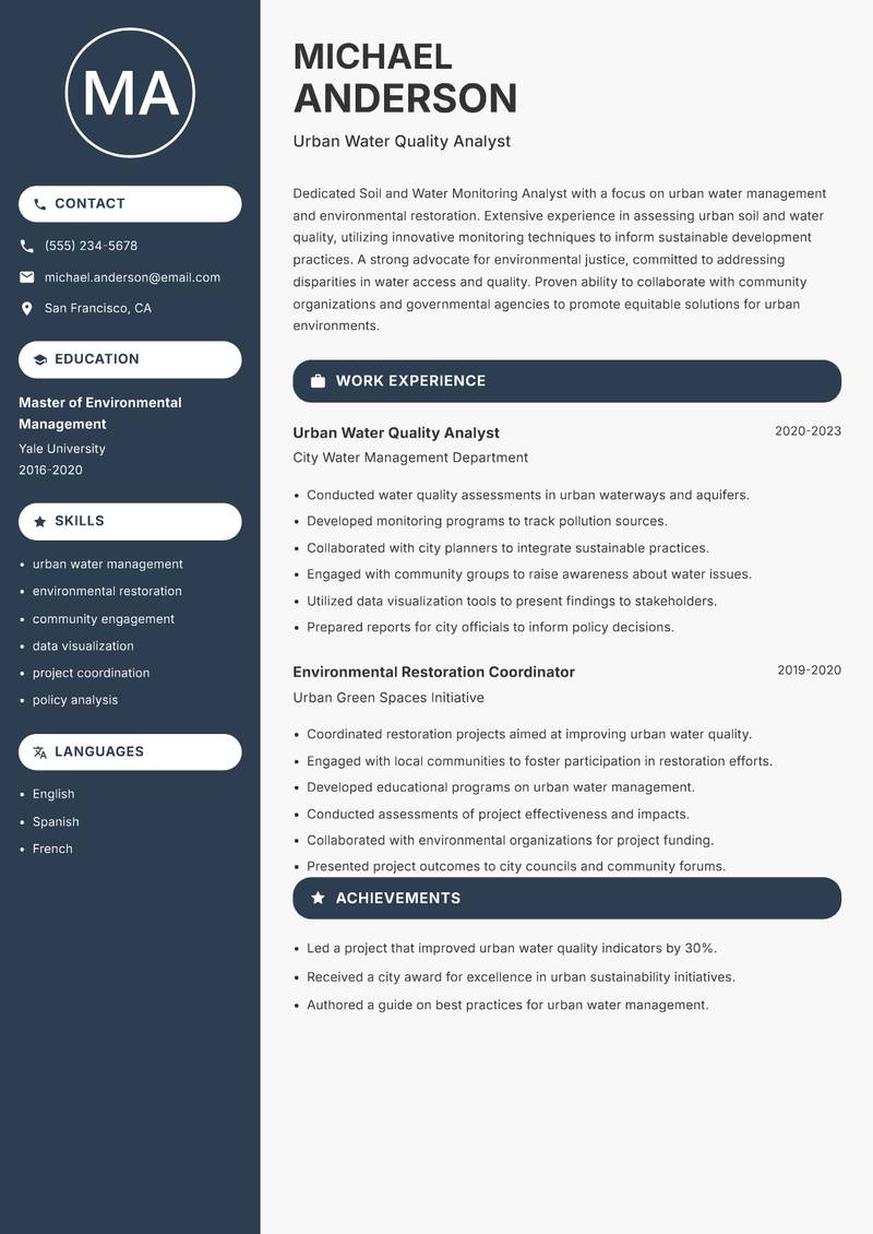 Soil and Water Monitoring Analyst resume sample — Urban Water Quality Analyst focus