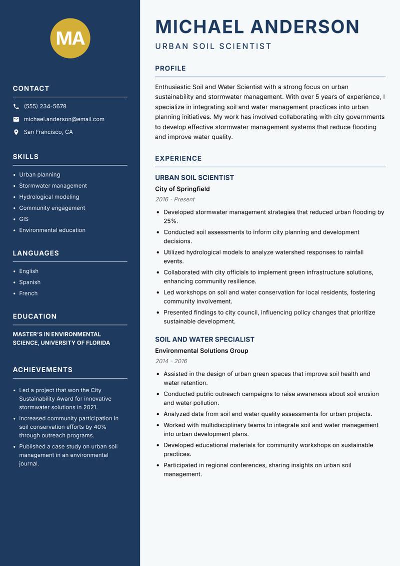 Soil and Water Scientist resume sample — Urban Soil Scientist focus