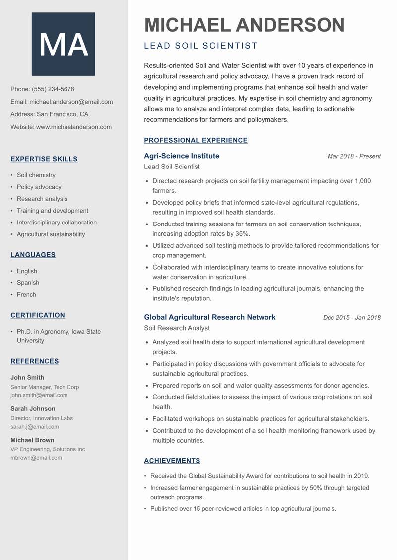 Soil and Water Scientist resume sample — Lead Soil Scientist focus