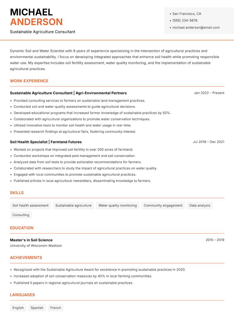 Soil and Water Scientist resume sample — Sustainable Agriculture Consultant focus