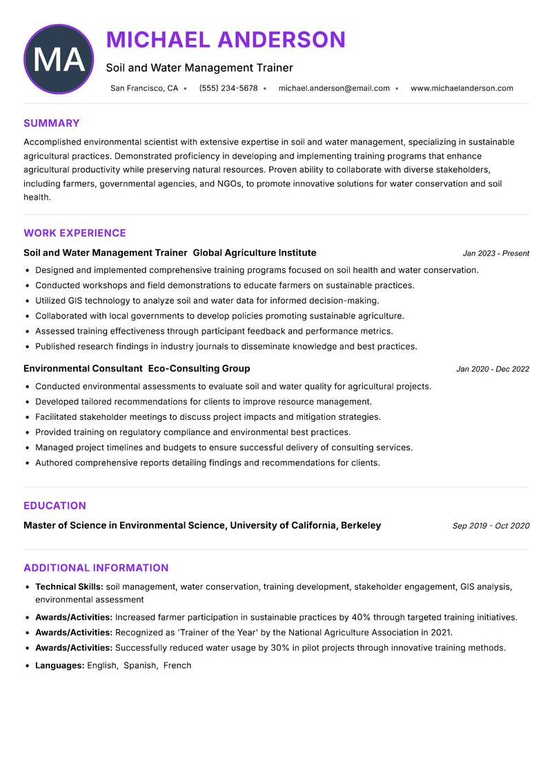 Soil and Water Trainer resume example