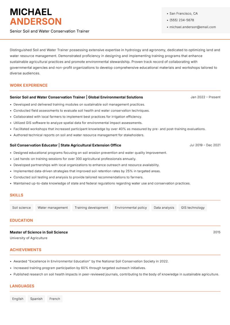 Soil and Water Trainer resume sample — Senior Soil and Water Conservation Trainer focus