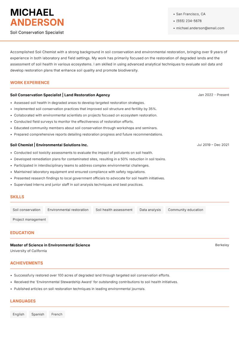 Soil Chemist resume sample — Soil Conservation Specialist focus