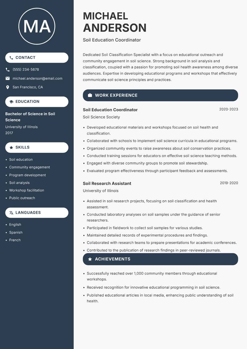 Soil Classification Specialist resume sample — Soil Education Coordinator focus