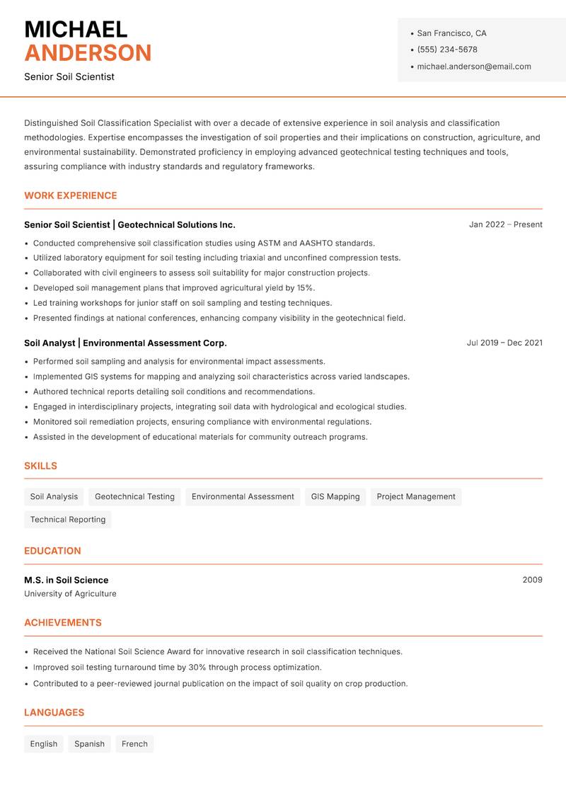 Soil Classification Specialist resume sample — Senior Soil Scientist focus