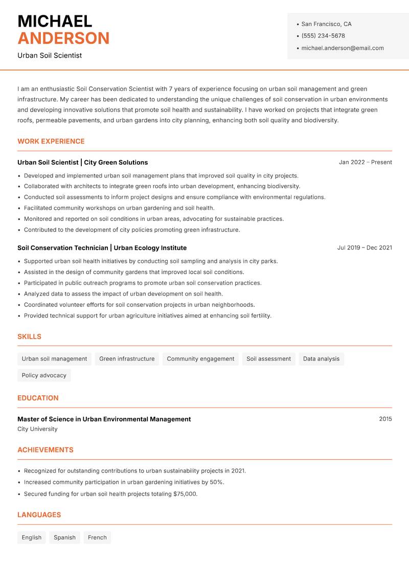 Soil Conservation Scientist resume sample — Urban Soil Scientist focus