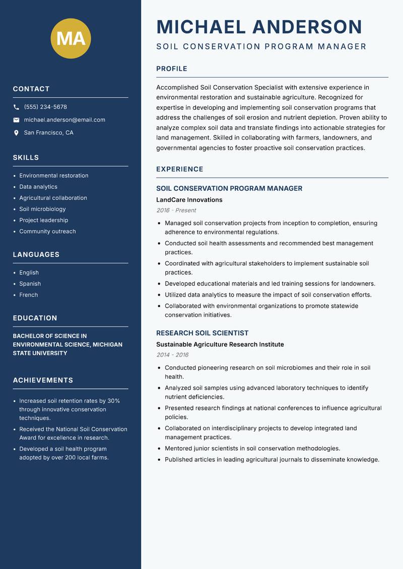 Soil Conservation Specialist resume sample — Soil Conservation Program Manager focus