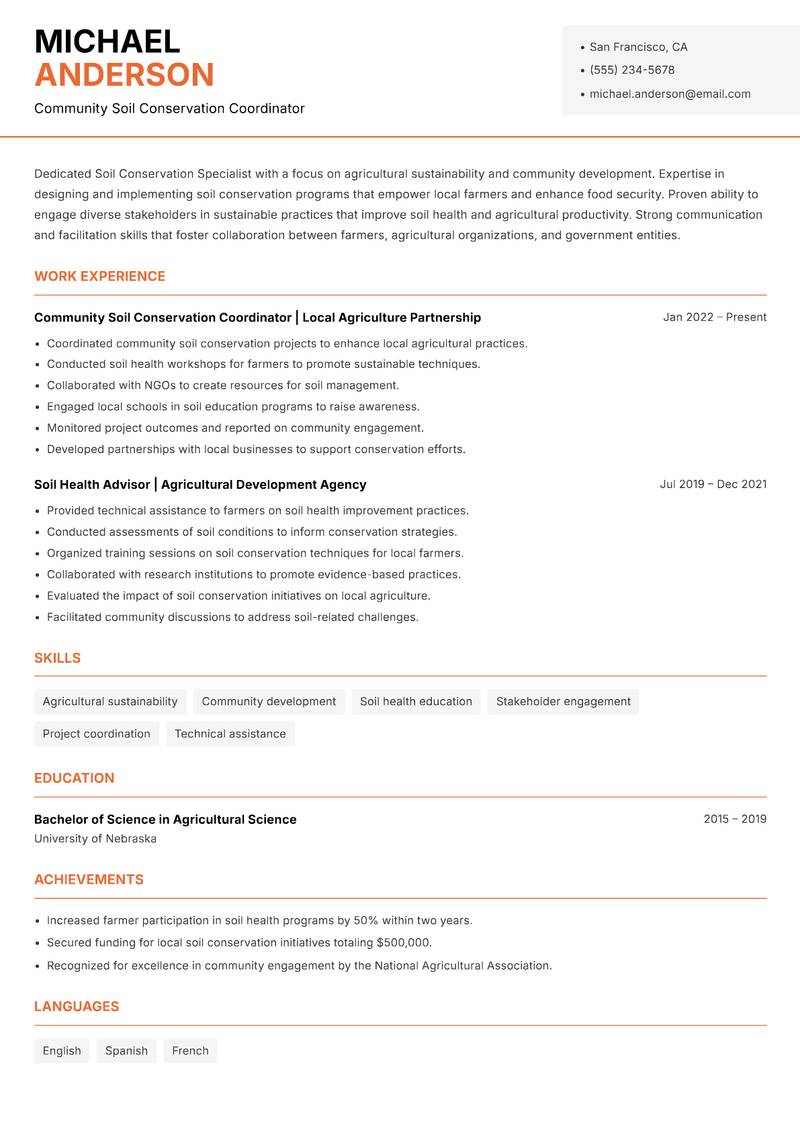 Soil Conservation Specialist resume sample — Community Soil Conservation Coordinator focus